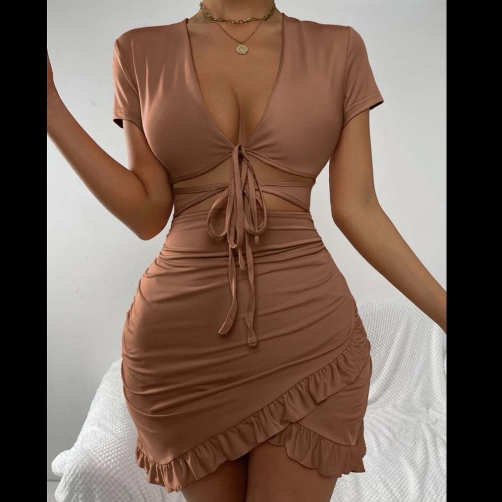 Tied cutout front ruffle dress - coffee brown
